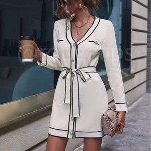 Beige Knit Belted Dress Long Sleeve, Button Through Contrast Black Piping Trim